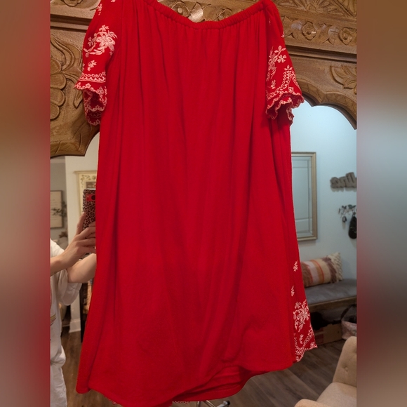 Altar'd State- Red Off-Shoulder Dress Or Tunic with White Embroidery - Picture 7 of 16